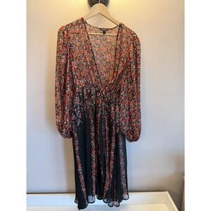 Torrid Floral Chiffon V Neck Tie Waist Long Sleeve Dress Black Orange Size 1